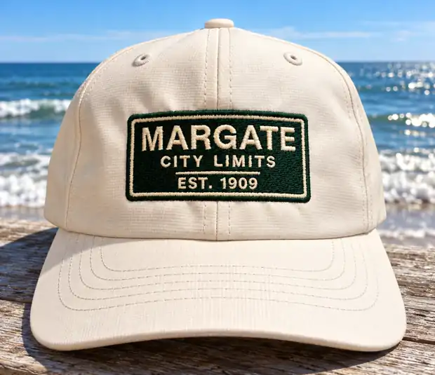 Cream baseball cap embroidered with a green Margate City Limits road sign patch, Est. 1909